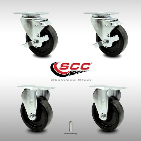 Service Caster 4 Inch SS Phenolic Top Plate Caster Set with 2 Brake 2 Rigid SCC-SS20S414-PHS-TLB-2-R-2